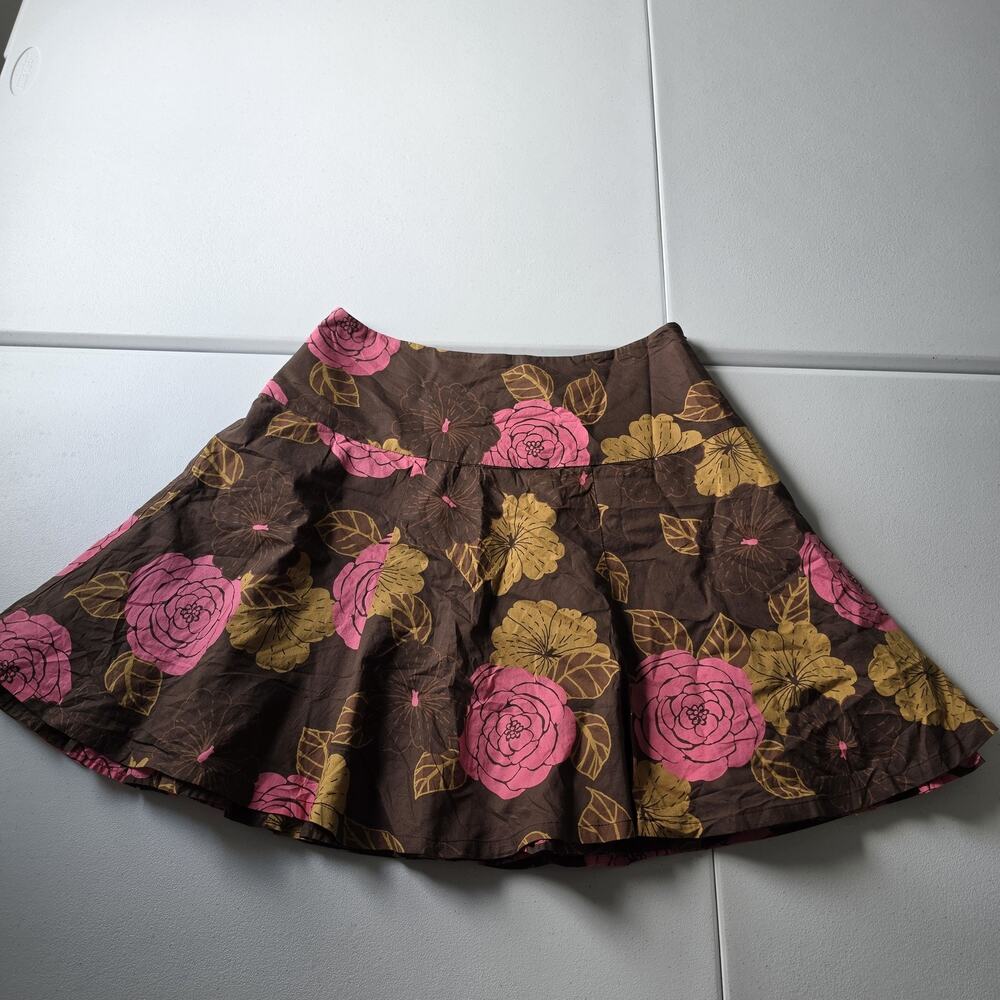 Y2K Garnet Hill Skirt Womens 10P Brown Pink Floral A-Line Cotton Fairy Grunge